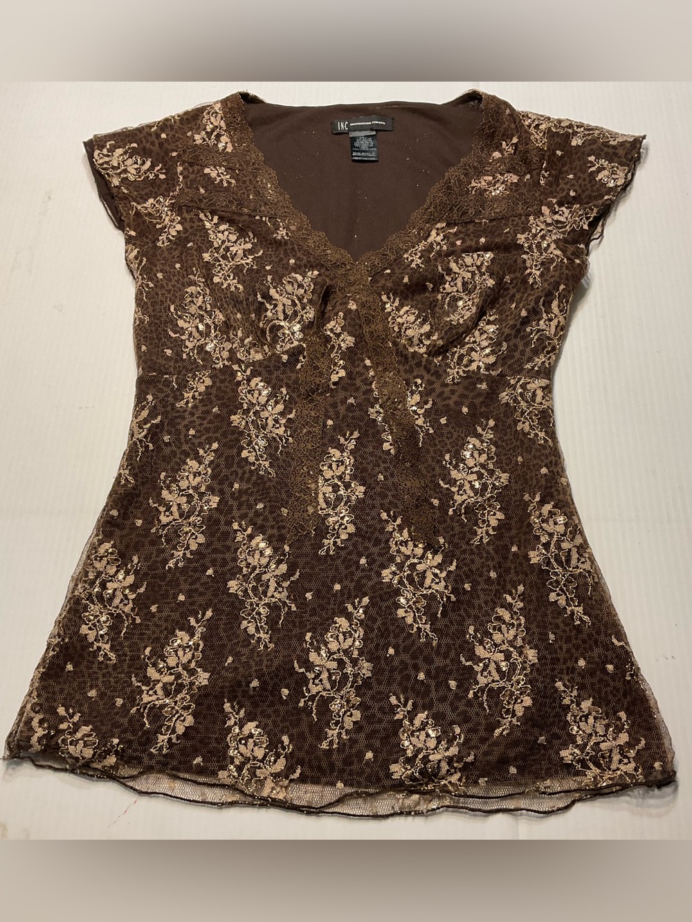 INC International Concepts Top Brown Floral Lace Gold Boho Y2K Women Sz S Cute
